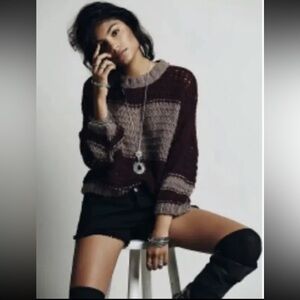 Free People Monaco Open Knit Color Block Chunky Sweater Slouchy Burgundy